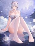  1girl absurdres arm_support azur_lane blue_eyes blurry blurry_background blush breasts cleavage convenient_leg criss-cross_halter dido_(magicc) dress emden_(azur_lane) emden_(moonsilver_union)_(azur_lane) feet flower foot_focus foreshortening full_body hair_ornament halterneck highres lace-trimmed_legwear lace_trim large_breasts long_hair looking_at_viewer no_shoes official_alternate_costume reflection reflective_water see-through see-through_legwear shallow_water sitting sitting_on_water sleeveless sleeveless_dress solo thighhighs thighs toes water white_dress white_hair white_thighhighs 