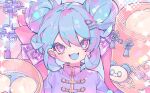  1girl :3 blue_hair blush chinese_clothes chinese_knot chromatic_aberration commentary dated_commentary earclip eyelashes eyes_visible_through_hair food hair_between_eyes hair_intakes hair_ornament hairclip jacket medium_hair open_mouth original ozureiji pink_eyes purple_jacket sanpaku smile solo steamed_bun tassel tsurime upper_body 