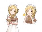  1girl :d alternate_costume apron asukaru_(magika_ru) blonde_hair blush breasts brown_dress clipboard commentary_request cropped_torso dated dress drill_hair enmaided hair_ribbon heart heart_hands highres holding holding_clipboard long_hair looking_at_viewer mahou_shoujo_madoka_magica maid maid_headdress medium_breasts multiple_views neck_ribbon open_mouth recompense_maid_uniform ribbon short_sleeves signature simple_background smile standing striped_clothes striped_dress tomoe_mami white_apron white_background yellow_eyes yellow_ribbon 