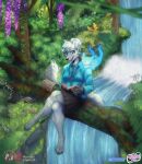 2025 anthro clothed clothed_anthro clothing detailed fall_tree female forest fully_clothed fully_clothed_anthro hair hi_res jungle plant reading reading_aloud short_hair sitting smile solo spirit three-quarter_view tree waterfall xpuppykittyzx