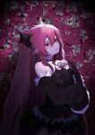  1girl absurdres black_dress blood commentary criss-cross_halter detached_collar detached_sleeves double-parted_bangs dress english_commentary frilled_dress frilled_sleeves frills hair_between_eyes hair_ornament halterneck highres immybisou krul_tepes long_hair looking_at_viewer owari_no_seraph pink_hair red_eyes red_ribbon ribbon single_sleeve_past_fingers single_sleeve_past_wrist solo very_long_hair 