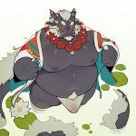  2022 anthro asian_clothing belly big_belly black_body black_horn blush bulge clothing dragon east_asian_clothing facial_hair flower fundoshi genitals hair hi_res horn humanoid_genitalia humanoid_hands humanoid_penis japanese_clothing kemono lily_pad looking_at_viewer male moobs navel nipples overweight overweight_male penis plant quanjiang smile solo translucent translucent_clothing translucent_underwear underwear white_clothing white_fundoshi white_hair white_underwear 