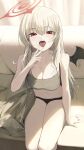  1girl absurdres arm_at_side bare_arms bare_legs bat_wings black_panties black_wings blanket blue_archive breasts brown_hair brown_sports_bra choppy_bangs cleavage collarbone commentary_request couch curtains eyelashes from_above hair_between_eyes halo hand_up haruna_(blue_archive) highres indoors large_breasts long_bangs long_hair looking_at_viewer looking_up navel no_pants on_couch open_mouth panties re_naya red_eyes red_halo single_wing sitting solo sports_bra stomach straight_hair sunlight teeth underwear underwear_only upper_teeth_only v v_over_mouth wings 