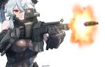  1girl absurdres aiming android artist_name assault_rifle bare_shoulders black_bodysuit bodysuit breasts closed_mouth crossed_bangs firing grey_hair gun hair_between_eyes headgear highres holding holding_gun holding_weapon large_breasts long_hair m004_(natsukaze_shigure) mecha_musume natsukaze_shigure orange_eyes original ponytail red_eyes rifle see-through_cleavage see-through_clothes simple_background skin_tight solo upper_body weapon white_background white_hair 
