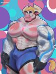 abs anthro barazoku blonde_hair bovid bovine brayan cattle clothing digital_media_(artwork) ear_piercing eyebrows facial_piercing hair hi_res horn legwear male mammal markings moobs morishasu multicolored_body muscular muscular_anthro muscular_male nose_piercing nose_ring piercing prosthetic prosthetic_arm prosthetic_limb ring_piercing septum_piercing septum_ring solo spots spotted_body tail thigh_highs