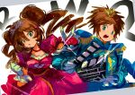  1boy 1girl blue_eyes blue_jacket breasts brown_hair copyright_name cowboy_shot donut_hair_bun double_bun dress drill_hair gloves hair_bun highres holding holding_poke_ball jacket large_breasts long_hair nate_(pokemon) official_alternate_costume pink_dress poke_ball poke_ball_(basic) pokemon pokemon_bw2 rosa_(pokemon) short_hair simple_background twin_drills white_background white_gloves zs_(zero_sickkkzs) 