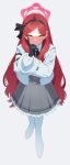  1girl absurdres acaa blue_archive blush closed_mouth full_body gloves hairband halo highres jacket long_hair long_sleeves looking_at_viewer pantyhose red_hair simple_background skirt smile solo takane_(blue_archive) white_background white_pantyhose yellow_eyes 