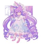  1girl animal_ear_fluff animal_ears blue_bow blue_dress blush bonnet bow commentary dress eyes_visible_through_hair fang frilled_dress frills full_body hair_between_eyes hand_up high_heels highres long_hair long_sleeves low_drills open_mouth original ozureiji petticoat pink_bow pink_eyes pink_nails pink_shoes purple_hair rabbit_ears ribbon shoes single_sock skin_fang sleeve_slit socks solo symbol-only_commentary tsurime very_long_hair watermark white_bonnet white_ribbon white_socks 