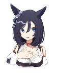  1girl absurdres animal_ears bangs black_hair blue_eyes breasts choker cleavage cropped_torso detached_sleeves dirndl dot_nose eishin_flash_(umamusume) german_clothes hair_between_eyes hand_on_own_chest highres horse_ears long_sleeves looking_at_viewer michia_(bourgognepony) open_mouth photoshop_(medium) smile solo umamusume upper_body 