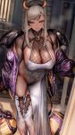  1girl absurdres bag bare_shoulders barred_window black_headband black_straps black_wings boots breasts brooch cleavage clothing_aside collarbone commentary_request cosplay covered_navel covered_nipples demon_tail doorway dress dress_aside earrings fake_horns fake_wings feet_out_of_frame groin gyaru halloween headband highres horns jacket jewelry large_breasts leaning_forward legs_together looking_at_viewer navel no_bra no_panties open_door original parted_lips porch pov_doorway purple_jacket raised_eyebrows see-through_cleavage see-through_clothes sideboob skull_brooch sleeveless smile soleil_(soleilmtfbwy03) solo spiked_ear_piercing steam steaming_body sweat tail tan teeth thigh_boots thighs white_boots white_dress white_hair wings yellow_brooch yellow_eyes 