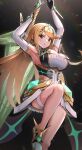  1girl absurdres aegis_sword_(xenoblade) bangs bare_legs bare_shoulders blonde_hair breasts chest_jewel cleavage cleavage_cutout clothing_cutout dress earrings elbow_gloves gem gloves gonzarez headpiece highres jewelry large_breasts long_hair mythra_(xenoblade) short_dress swept_bangs thigh_strap tiara very_long_hair white_dress white_gloves xenoblade_chronicles_(series) xenoblade_chronicles_2 yellow_eyes 