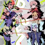  6+boys anger_vein annoyed bare_shoulders black_gloves black_hair blonde_hair blue_eyes blue_hair blue_shirt border bound bound_wrists clenched_hand clenched_hands coat colored_bangs dress_shirt english_text facing_another facing_to_the_side facing_viewer fingerless_gloves gloves green_eyes grey_background hair_slicked_back happy high_contrast highres holding holding_string hood hooded_vest hoodie iii_(yu-gi-oh!) iv_(yu-gi-oh!) kamishiro_ryouga letter libuqilai long_hair looking_at_another looking_to_the_side male_focus multiple_boys open_clothes open_mouth open_vest ornate_border outstretched_arm outstretched_arms parted_bangs pinching popped_collar pulling purple_coat purple_hair purple_shirt purple_tunic red_eyes red_hair red_tunic red_vest scar scar_across_eye scar_on_face shirt sleeveless sleeveless_shirt smirk spiked_hair spot_color string string_of_fate tenjou_kaito tsukumo_yuma tug tug_of_war tunic turning_head v_(yu-gi-oh!) vest victorian white_background white_hood yellow_tunic yu-gi-oh! yu-gi-oh!_zexal 