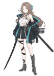  1girl absurdres alternate_costume belt black_jacket black_skirt brown_eyes brown_hair choker commentary_request criss-cross_halter grey_choker hair_intakes half_updo halterneck highres jacket jacket_partially_removed jintsuu_(kancolle) kantai_collection ken_(shutenndouji1) long_hair looking_at_viewer machinery searchlight sheath shirt skirt solo sword utility_belt weapon white_shirt 