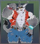 2019 abs activision alternate_species anthro barazoku belt biceps big_muscles bottomwear canid canine claws clock clothing crash_bandicoot_(series) dasyuromorph ear_piercing eyebrows fangs flexing flexing_bicep fur glowing glowing_eyes grey_body grey_fur hi_res jacket letterman_jacket looking_at_viewer male mammal marsupial muscular muscular_anthro muscular_arms muscular_male muscular_thighs mythological_canine mythological_creature mythology orange_sclera pants pecs piercing pose recently_extinct_species ring sharp_teeth solo tail teeth thick_eyebrows thylacine tiny_tiger topwear torn_bottomwear torn_clothing torn_pants triceps vaniwulf watch werecanid werecanine werecreature werewolf werewolf_tiny_tiger white_body white_fur wristband