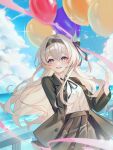  1girl absurdres arm_behind_back balloon black_hairband black_jacket black_skirt blush breasts cloud cloudy_sky firefly_(honkai:_star_rail) firefly_(jepella_rebellion)_(honkai:_star_rail) grey_hair hair_between_eyes hair_intakes hair_ornament hairband highres holding holding_balloon honkai:_star_rail honkai_(series) jacket long_hair long_sleeves medium_breasts official_alternate_costume open_mouth pink_eyes pleated_skirt seyu_11 shirt skirt sky smile solo white_shirt 