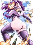  1girl aircraft ass blue_sky cloud day elbow_gloves fingerless_gloves giant giantess gloves grin helicopter highres jgeorgedrawz long_hair missile original outdoors purple_gloves purple_hair purple_thighhighs sky smile solo thighhighs 