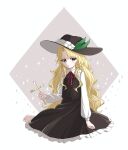  1girl barefoot blonde_hair brown_hat brown_skirt brown_vest closed_mouth commentary_request cross dolls_in_pseudo_paradise feathers fedora frilled_hat frilled_shirt_collar frilled_skirt frills full_body fuyuakatsuki_00 green_feathers hat hat_feather highres holding holding_cross jacket_girl_(dipp) long_hair long_sleeves neck_ribbon puffy_sleeves red_eyes red_ribbon ribbon shirt sitting skirt solo touhou very_long_hair vest white_shirt yokozuwari 