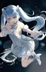  1girl aqua_eyes aqua_hair bare_shoulders bell black_background boots breasts choker collarbone dress gloves hair_between_eyes hair_ornament hatsune_miku highres long_hair miku_symphony_(vocaloid) mipi neck_bell official_alternate_costume open_mouth see-through_clothes see-through_dress small_breasts smile solo strapless strapless_dress twintails very_long_hair vocaloid white_boots white_dress white_gloves 