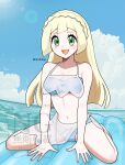  1girl :d absurdres bikini blonde_hair blue_bikini cloud collarbone commentary_request day eyelashes green_eyes happy highres inflatable_raft lillie_(pokemon) long_hair navel open_mouth outdoors pokemon pokemon_(anime) pokemon_sm_(anime) rurihikop sitting sky smile solo swimsuit twitter_username water watermark 