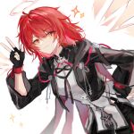  1girl arknights black_gloves black_jacket breasts chinese_commentary commentary_request cowboy_shot cropped_jacket cross cross_earrings detached_wings earrings exusiai_(arknights) exusiai_the_new_covenant_(arknights) fingerless_gloves gloves halo hand_on_own_hip highres jacket jewelry light_smile long_sleeves looking_at_viewer mangzhi_yaoyao one_side_up red_hair simple_background solo sparkle w white_background wings yellow_eyes 