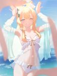  animal_ear_fluff animal_ears arms_up bikini blue_archive blush breasts collarbone commentary finger_frame flower hair_between_eyes hair_flower hair_ornament halo highres k0me long_hair looking_at_viewer mari_(blue_archive) medium_breasts navel one_eye_closed open_clothes open_shirt orange_hair outdoors shirt sidelocks smile stomach swimsuit thigh_gap wet white_bikini yellow_halo 