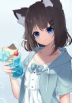  1girl absurdres animal_ear_fluff animal_ears bangs bendy_straw black_hair blue_background blue_bow blue_eyes blue_flower blue_jacket bow cat_ears center_frills closed_mouth collarbone cup drawstring dress drinking_glass drinking_straw flower frills hair_ornament hairclip highres hinata_(user_rjkt4745) holding holding_cup hood hood_down hooded_jacket ice ice_cube jacket looking_at_viewer open_clothes open_jacket original smile solo upper_body white_dress 