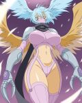  1girl absurdres bikini black_scarf blue_eyes blue_hair breasts brown_wings claws commentary covered_mouth cowboy_shot digimon digimon_(creature) double-parted_bangs facial_mark feathered_wings garter_straps groin hair_between_eyes hair_wings highres large_breasts long_hair looking_at_viewer mask mouth_mask navel ninja_mask purple_background purple_bikini purple_mask scarf shoulder_pads shutumon sidelocks skindentation solo standing stomach swimsuit thigh_gap tsubasadraw visible_air wings 