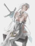  1girl absurdres arm_behind_back arm_support armpit_crease braided_twintails breasts breasts_apart bright_pupils broken broken_sword broken_weapon charliehero collarbone commentary crown defeat dress elden_ring english_commentary feet_out_of_frame greatsword grey_eyes highres large_breasts long_dress long_hair looking_at_viewer melina_(elden_ring) no_bra parted_lips red_lips sideways_glance simple_background sitting sleeveless sleeveless_dress solo sword torn_clothes torn_dress turning_head weapon white_background white_dress white_hair white_pupils 