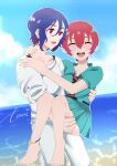  1boy 1girl amate_yuzuriha aqua_shirt aqua_skirt beach blue_hair blue_sky blush breasts carrying closed_eyes collared_shirt commentary gundam gundam_gquuuuuux highres holding multicolored_hair necktie ocean open_mouth outdoors princess_carry purple_hair red_eyes red_hair school_uniform shirt short_hair shuji_ito skirt sky smile tank_top totsutoko_tooi two-tone_hair waves white_shirt 