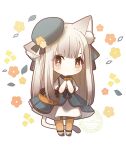  1girl animal_ear_fluff animal_ears black_footwear blush brown_eyes brown_hair cat_ears cat_girl cat_tail chibi closed_mouth commentary_request dress ear_down full_body grey_headwear hands_up long_hair looking_at_viewer orange_pantyhose original own_hands_together pantyhose puffy_short_sleeves puffy_sleeves shoes short_sleeves simple_background solo standing tail tilted_headwear very_long_hair white_background white_dress yuzuyomogi 