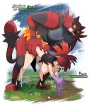 2025 anthro big_breasts black_body black_fur breasts censored clothed clothing clothing_around_one_leg female flannery_(pokemon) fur generation_7_pokemon genitals gym_leader hair human human_on_anthro imminent_sex incineroar interspecies male male/female mammal nintendo nipples partially_clothed penis pokeball pokemon pokemon_(species) pokephilia red_body red_fur red_hair text translation_request underwear underwear_around_one_leg underwear_down waaaghork