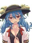  1girl absurdres black_hat black_undershirt blue_hair blush breasts cleavage collared_shirt commentary_request hair_between_eyes hat hat_ornament highres hinanawi_tenshi hot kaden_(muxt8423) leaf_hat_ornament long_hair looking_at_viewer medium_breasts red_eyes shirt short_sleeves simple_background solo sweat textless_version touhou unbuttoned upper_body white_background white_shirt 