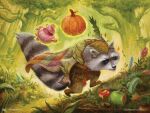 2024 action_pose anthro apple artist_name bracelet cape cloak clothing copyright_symbol digging flower food fruit fur grass grey_body grey_fur hasbro hill jeff_miracola jewelry leaf magic magic:_the_gathering mammal markings official_art plant pose procyonid pumpkin raccoon striped_markings striped_tail stripes symbol tail tail_markings teapot text tree whiskers wizards_of_the_coast