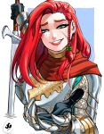 1girl armor blue_eyes commentary commission english_commentary freckles green_eyes heterochromia highres holding holding_sword holding_weapon initial jgeorgedrawz long_hair looking_at_viewer original reaching reaching_towards_viewer red_hair scar scar_on_cheek scar_on_face solo sword upper_body weapon white_background 