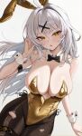  1girl absurdres alternate_costume animal_ears bare_shoulders black_bow black_bowtie black_pantyhose blush bow bowtie breasts cleavage collar collarbone commentary covered_navel detached_collar fake_animal_ears gold_leotard highres large_breasts leotard long_hair looking_at_viewer open_mouth pantyhose purple_eyes rabbit_ears simple_background solo strapless strapless_leotard torn_clothes torn_pantyhose very_long_hair white_background white_collar white_hair white_wrist_cuffs wrist_cuffs yellow_eyes yixuan_(zenless_zone_zero) zenless_zone_zero zzirit6 