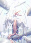 2024 ambiguous_gender blue_eyes bow_(anatomy) column eeveelution feathered_wings feathers feral fur generation_6_pokemon glitch hi_res looking_at_viewer looking_back momu_shi_36 nintendo pink_body pink_fur pokemon pokemon_(species) ribbons_(anatomy) solo sylveon tail white_body white_feathers wings