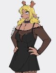 2025 alternative_fashion anthro antlers biped black_clothing black_dress black_eyeshadow black_lips black_nails blonde_hair breasts brown_body brown_ears brown_fur clothed clothing collar colored colored_nails deer deltarune digital_media_(artwork) dress ear_piercing ear_ring eyelashes eyeshadow female female_anthro fingers fishnet_clothing fishnet_legwear freckles fully_clothed fur goth hair hands_on_hips hi_res horn humanoid_hands jewelry kemono legwear lips long_hair makeup mammal monotone_body monotone_fur monotone_hair nails necklace new_world_deer noelle_holiday pendant piercing portrait red_nose reindeer ring_piercing signature simple_background smile solo spiked_collar spikes standing suda tan_inner_ear three-quarter_portrait three-quarter_view translucent translucent_clothing translucent_topwear undertale_(series) white_background