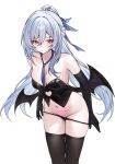  1girl absurdres alternate_costume bat_wings black_corset black_gloves black_panties black_thighhighs blush breasts cleavage commentary corset elbow_gloves english_commentary fake_wings gloves highres honkai:_star_rail honkai_(series) jingliu_(honkai:_star_rail) large_breasts leaning_forward long_hair miclipse midriff navel panties ponytail pubic_tattoo red_eyes simple_background solo tattoo thighhighs thighs underwear very_long_hair white_background white_hair wings 