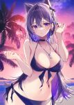  1girl adjusting_hair animal_ears bangs beach between_breasts bikini bow breasts cat_ears cat_girl choker cleavage commentary dripping earrings hair_bow highres jewelry large_breasts long_hair looking_at_viewer navel necklace night night_sky original oshio_(dayo) outdoors palm_tree purple_bikini purple_eyes purple_hair purple_nails purple_theme sky solo sunset sweat sweatdrop swimsuit symbol-only_commentary tree wet 