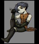  1boy armor bare_shoulders black_boots black_border black_eyes black_gloves black_hair black_pants boots border cahara_(fear_&amp;_hunger) elbow_gloves fear_&amp;_hunger_(series) fear_&amp;_hunger_1 fold-over_boots full_body gloves grey_background holding holding_smoking_pipe knee_boots knee_up leather_armor male_focus outside_border pants short_hair sitting sleeveless sm2_hokke smoking_pipe solo 