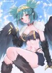  1girl bandeau bangs black_wings breasts claws commission green_hair harpy highres indie_virtual_youtuber lincoro medium_breasts monster_girl pointy_ears red_eyes short_twintails skeb_commission solo stomach_tattoo strapless suzuho_hotaru tattoo tiara tongue tongue_out twintails twitter_username virtual_youtuber wings 