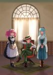  3girls alternate_costume apron arm_rest arm_up armchair benten_(urusei_yatsura) black_dress black_shoes blue_hair blue_hakama boots bow brown_boots brown_shoes carpet chair commentary crossdressing crossed_legs curtains door dress enmaided frilled_apron frills full_body green_pants green_vest hair_bow hakama hakama_skirt hand_on_headwear hat holding holding_tray indoors japanese_clothes kimono kosode long_hair maid maid_headdress miz_mus multiple_girls necktie nontraditional_miko own_hands_together oyuki_(urusei_yatsura) pants pantyhose pink_hair ponytail ran_(urusei_yatsura) red_bow red_hair red_necktie shirt shoes short_hair sitting skirt sleeve_cuffs standing suit tomboy tray urusei_yatsura v_arms vest waistcoat white_apron white_kimono white_shirt wide_sleeves 