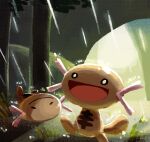  :d aruco_co closed_mouth commentary day highres no_humans open_mouth outdoors pokemon pokemon_(creature) rain smile wooper 