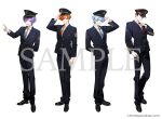  4boys :d adjusting_clothes adjusting_necktie arm_at_side arm_behind_back black_hair black_hat black_jacket black_pants black_shoes black_suit blue_hair blue_necktie center-flap_bangs closed_mouth collared_shirt copyright_notice covered_eyes crossed_bangs diagonal-striped_clothes diagonal-striped_necktie dress_shoes flipped_hair full_body green_eyes grey_eyes grey_necktie hair_between_eyes hair_over_one_eye hand_on_headwear hat index_finger_raised jacket kuronoa lapels lineup long_sleeves looking_at_viewer male_focus multiple_boys necktie nichijo_gumi notched_lapels official_art orange_hair orange_necktie pants peaked_cap peinto_(nichijou_gumi) police police_hat police_uniform policeman purple_eyes purple_hair red_necktie salute sample_watermark shirt shoes short_hair sideways_glance simple_background sinigami_(nichijou_gumi) smile standing striped_clothes suit torazo_(nichijou_gumi) watermark white_background white_shirt yukko_(matakite_4kaku) 