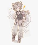  ! 1boy :3 arm_warmers black_shirt closed_mouth commission ear_piercing english_text full_body grey_arm_warmers grey_eyes grey_hair grey_pants grey_shoes hand_up heo_nyang highres looking_at_viewer male_focus original pants piercing pointy_ears puffy_pants scar scar_on_cheek scar_on_face shadow shirt shoes short_hair simple_background sleeveless sleeveless_shirt smile solo twitter_username watermark white_background 