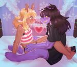 4_fingers 4_toes anthro antlers arm_support arm_tuft artist_name athletic athletic_female bandeau bare_shoulders bed bedroom biped black_bandeau black_clothing black_panties black_shirt black_t-shirt black_topwear black_underwear blonde_hair blush blush_lines breasts brown_body brown_fur brown_hair buckteeth christmas_decorations christmas_lights claws cleavage clothed clothing cloven_hooves countershade_tail countershading deer deltarune digital_media_(artwork) duo elbow_tuft eye_contact eye_through_hair eyebrow_through_hair eyebrows eyelashes face_to_face feet female female/female finger_claws fingers fur furniture glistening glistening_body glistening_eyes glistening_hair grin hair haisevaa happy heart_symbol hi_res hip_grab hooves horn inner_ear_fluff inside leg_wrap legs_around_partner long_hair looking_at_another looking_at_partner mammal midriff navel new_world_deer noelle_holiday on_bed panties pattern_clothing pattern_shirt pattern_tank_top pattern_topwear pillow purple_body purple_eyes red_nose reindeer scalie scut_tail sharp_teeth shirt short_tail shoulder_tuft side_mouth side_view sitting sitting_on_bed small_breasts smile snowflake snowflake_decoration striped_clothing striped_shirt striped_tank_top striped_topwear stripes susie_(deltarune) t-shirt tail tank_top teeth text tinsel toe_claws toes topwear translucent translucent_hair tuft undertale_(series) underwear white_inner_ear_fluff yellow_eyes yellow_sclera yellow_teeth