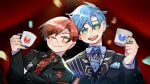  2boys ascot black_suit blue_ascot blue_hair closed_mouth confetti cup green_eyes highres holding holding_cup holostars holostars_english licwiz_1103 looking_at_viewer machina_x_flayon male_focus multiple_boys necktie official_alternate_costume one_eye_closed open_mouth red_hair red_necktie regis_altare short_hair smile suit upper_body virtual_youtuber 