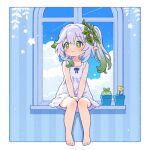  1girl barefoot closed_mouth cross-shaped_pupils dress flat_chest genshin_impact gradient_hair green_eyes green_hair multicolored_hair nahida_(genshin_impact) onyhakase pointy_ears side_ponytail sitting sleeveless sleeveless_dress smile solo symbol-shaped_pupils toes white_dress 