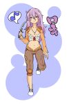  1girl black_boots boots bow bow_bra bra brown_jacket brown_shorts closed_mouth commentary_request dagger flat_chest full_body grey_eyes hair_between_eyes highres holding holding_dagger holding_knife holding_weapon jacket jewelry knife long_bangs long_hair long_sleeves looking_at_viewer musical_note navel necklace purple_hair ragnarok_iris ragnarok_online red_bow shorts shrug_(clothing) smile solo spoken_musical_note standing standing_on_one_leg thief_(ragnarok_online) underwear weapon white_background white_bra 