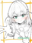  1girl aqua_eyes blue_eyes blush border closed_mouth collarbone commentary_request crossed_bangs greyscale hair_ornament hand_on_own_chest hasu_no_sora_school_uniform highres hinoshita_kaho katsuragi_(webmaster909) link!_like!_love_live! long_sleeves looking_at_viewer love_live! medium_hair monochrome neckerchief open_hand rabbit_hair_ornament reaching reaching_towards_viewer sailor_collar school_uniform simple_background smile solo split_mouth spot_color two_side_up upper_body virtual_youtuber white_background white_border winter_uniform 